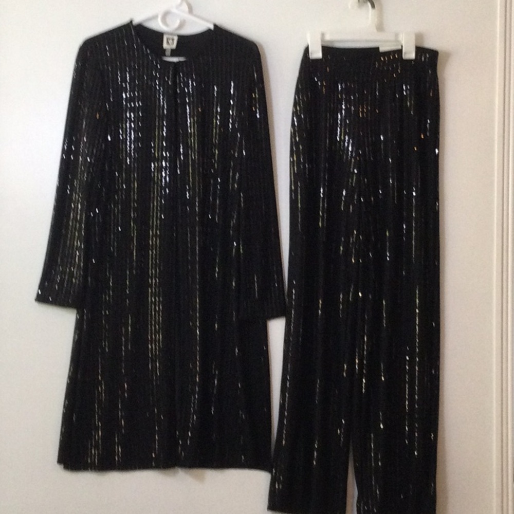 Anne Klein Black Sequin Blazer and Pants Ensemble
